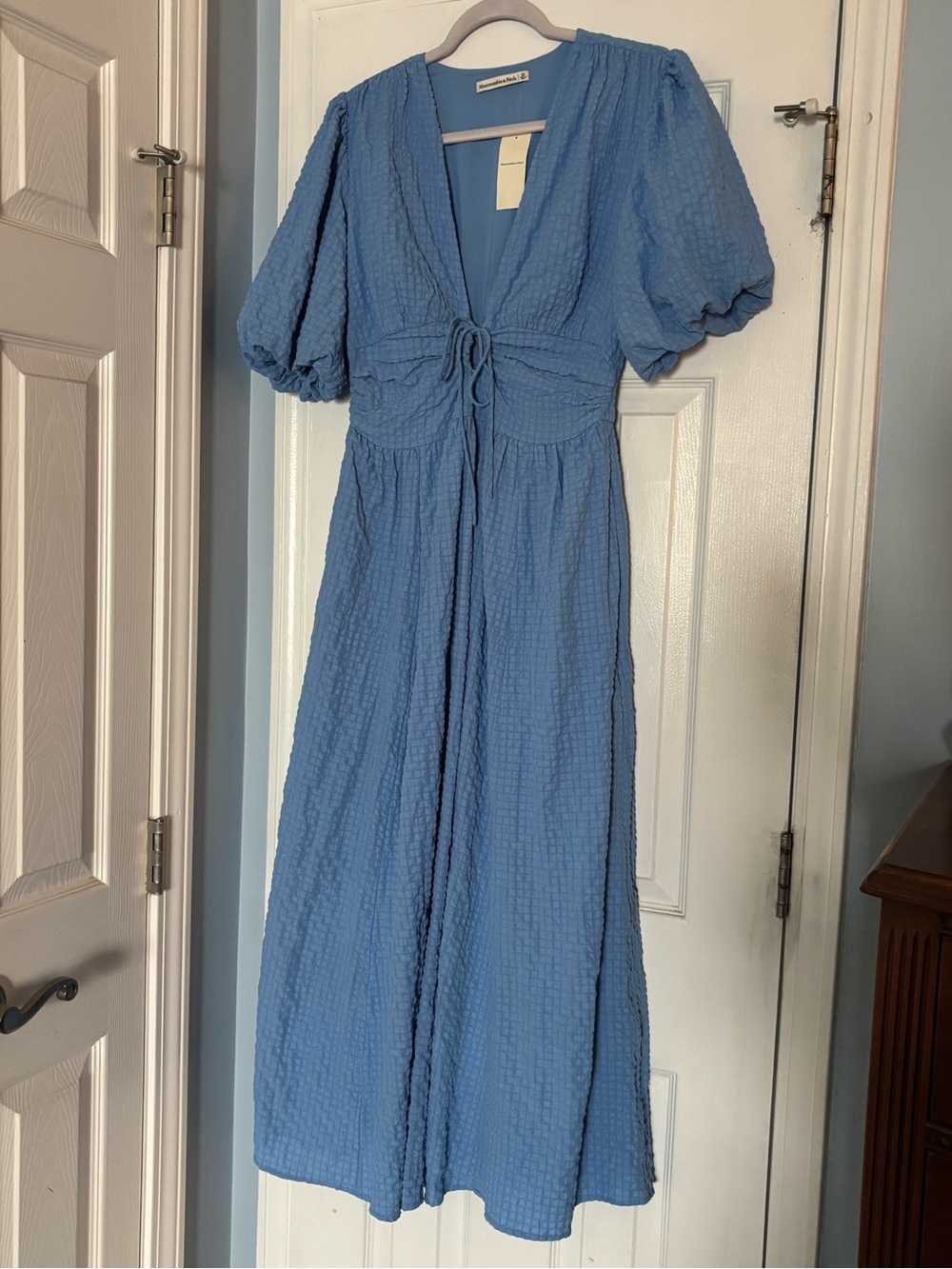 Abercrombie & Fitch Cornflower Blue Textured Midi Dress with Puff Sleeves